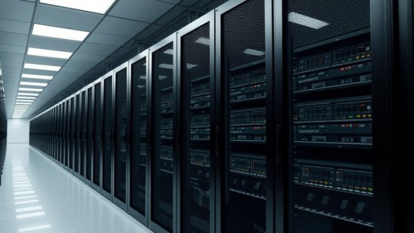 Sleek modern server racks in a brightly lit data center corridor, Colorado.
