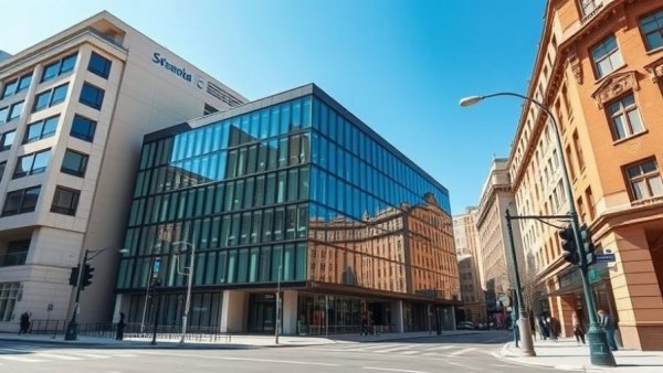 Modern office building in Denver with glass facade and street view.