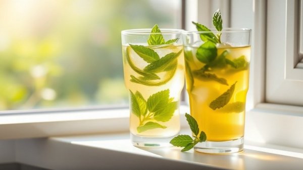 Glass of herbal tea with mint leaves boosting immunity with herbs.