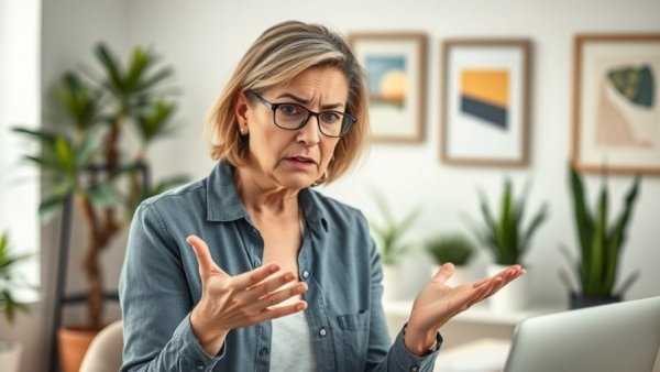 Woman experiencing early menopause symptoms, gesturing stressfully.