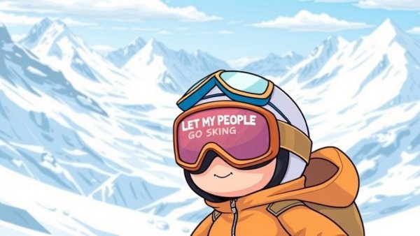 Cartoon character in snowy mountains with ski goggles, free screening Denver.