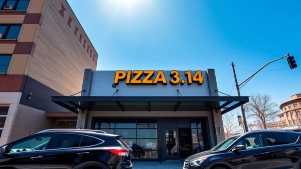 Modern pizza restaurant in Denver with bold signage, blue sky.