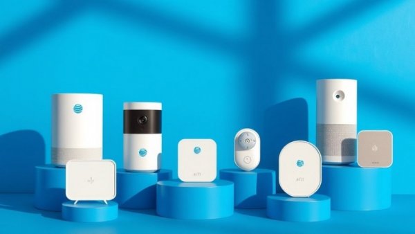 AT&T Connected Life smart home security devices on blue stands.