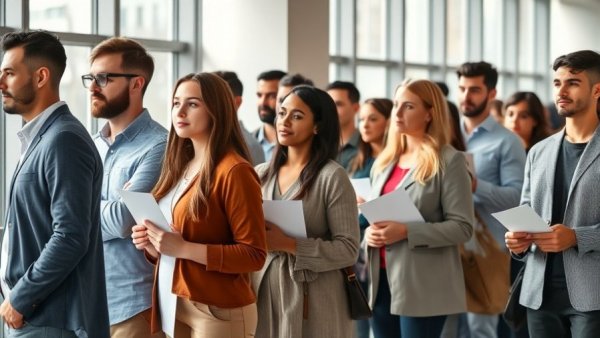A diverse group of people wait in line for jobless benefit applications 236,000.