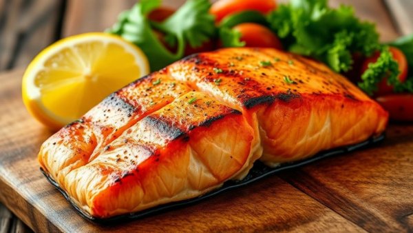 Grilled salmon and salad featuring foods rich in vitamin D.