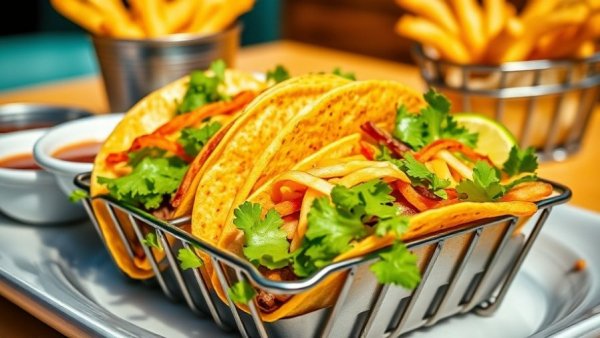 Lively midday meal of tacos and fries in downtown Denver.