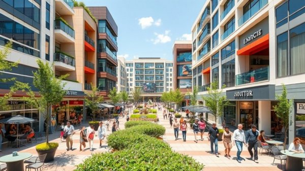 Commercial real estate in Denver showcasing a bustling urban plaza.