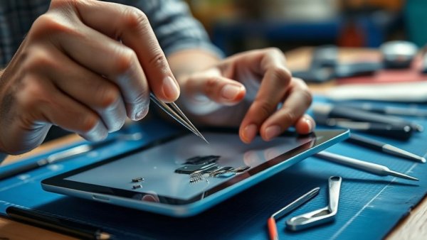 Hands using tweezers to repair tablet, promoting right to repair movement.