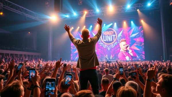 Joy blackouts at a dynamic concert, vibrant performer engaging fans.