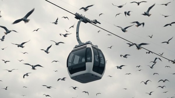 Cable car in cloudy sky with birds in Denver news.
