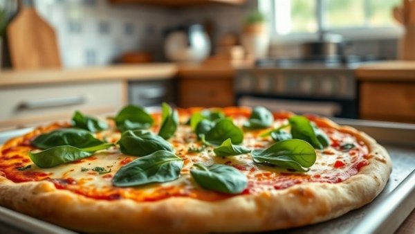 Healthy pizza toppings with fresh spinach in a kitchen setting.