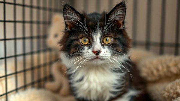 Fluffy black and white cat in a cage, related to Denver local news.