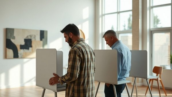Voters casting ballots at Denver voting booths inside bright room.