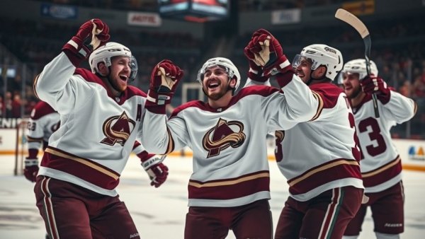 Ice hockey players celebrating in dynamic action shot, Denver local news.