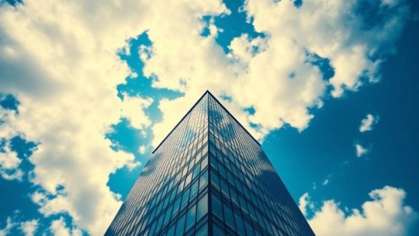 Striking modern office building in Denver with vibrant sky.