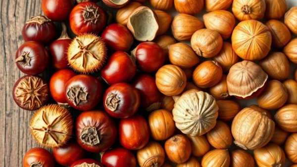 Chestnuts versus hazelnuts nutrition comparison on different backgrounds.