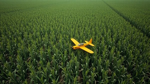 Aerial view of cornfield with crashed yellow plane, contrasting textures.