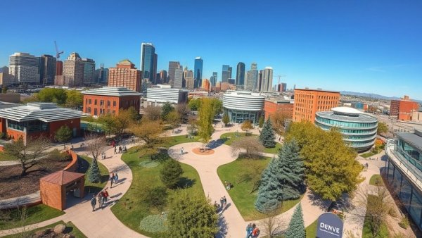 Denver news: Aerial view of modern park with skyline.