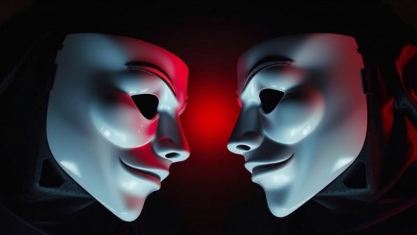 Mysterious white masks face each other, evoking AI face swapping platform romance scams.