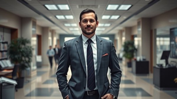 Businessman in a suit standing in an office lobby for Denver news.
