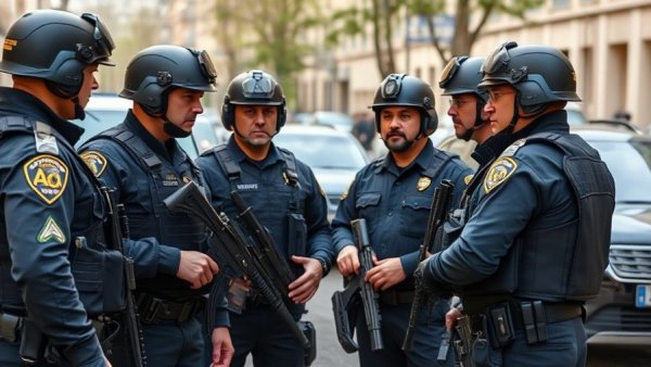 Law enforcement officers discussing on a street related to Brown University shooting arrest warrant.