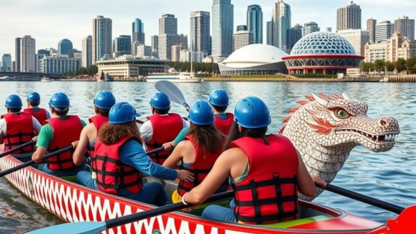 Dragon boat racing in Vancouver BC, vibrant event scene.