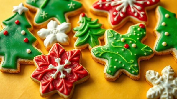 Festive decorated Christmas cookies on golden backdrop.