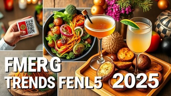 Dynamic collage of 2025 food trends including tech and diverse dishes.