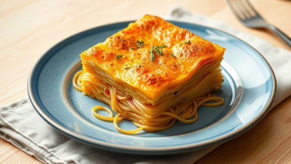Million Dollar Spaghetti slice on a blue plate, garnished with herbs.