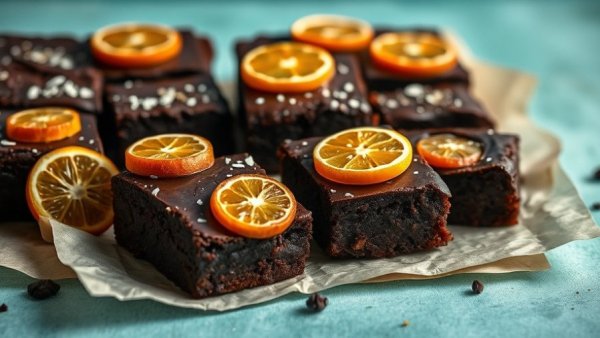 Enhanced boxed brownies with candied citrus toppings on parchment.
