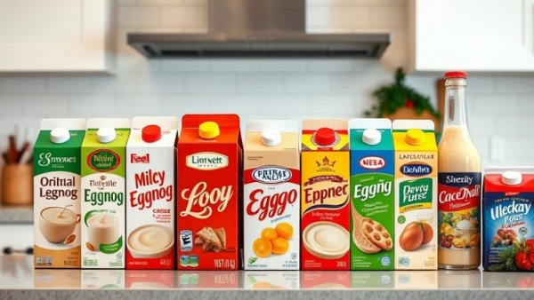 Assorted eggnog options for best eggnog for holiday parties.