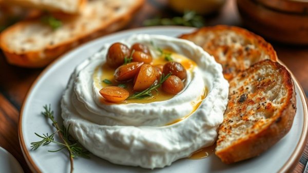 Whipped Ricotta with Caramelized Shallots garnished with herbs and served with bread.