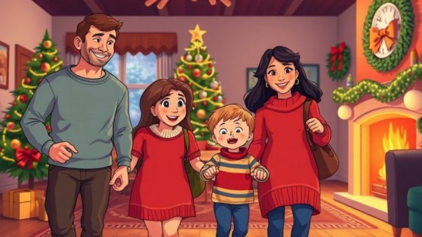 Colorful family gathering scene illustrating navigating divorced parents over the holidays.