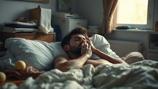 Young man unwell in bed with early morning light, new flu variant subclade K