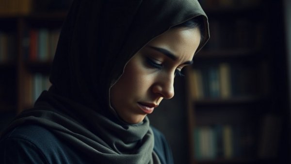 Pensive woman in a headscarf experiencing worry and stress.