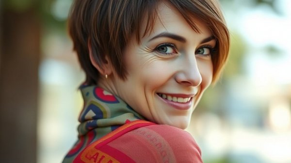 Woman smiling warmly with colorful scarf, energy healing during holidays background.
