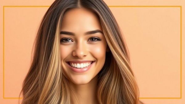 Smiling woman with thicker healthier hair against a peach background.