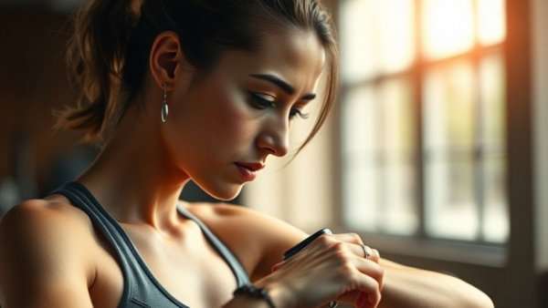 Focused woman checking smartwatch for daily step count to assess Parkinson's risk indoors.