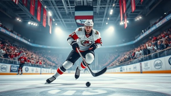 Dynamic hockey player maneuvering during game, Brett Pesce Devils Return.