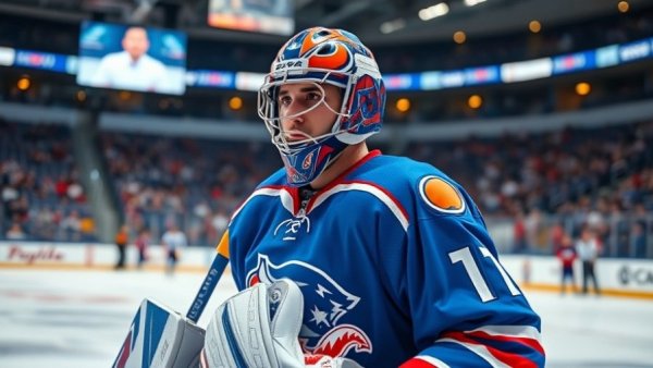 Focused hockey goalie in blue and orange on ice rink during Oilers game.