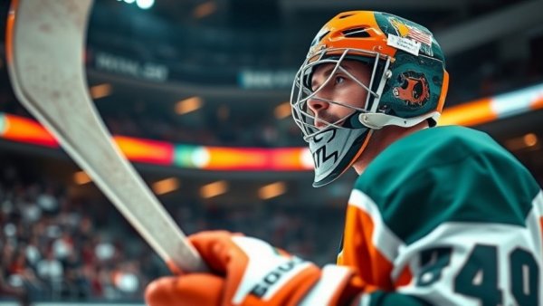 Focused NHL goalie looks thoughtful during a game.
