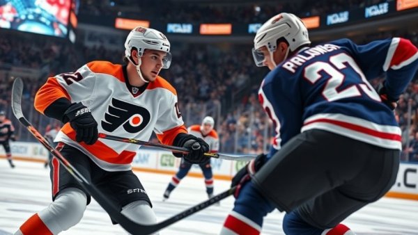 Philadelphia Flyers loss in intense hockey match, focused action.