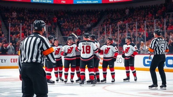 New Jersey Devils players celebrate on ice during a game.