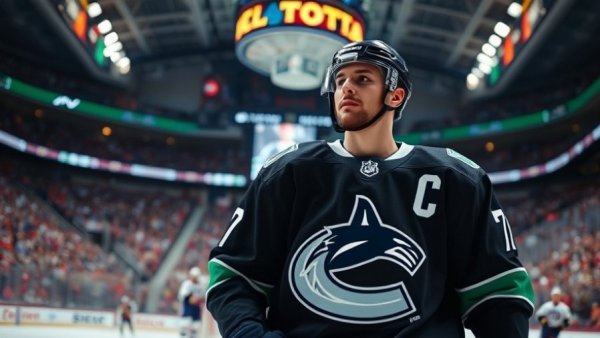 Vancouver NHL player in black uniform during game on ice rink.
