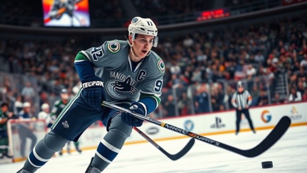 Vancouver Canucks player in a hockey match action scene.