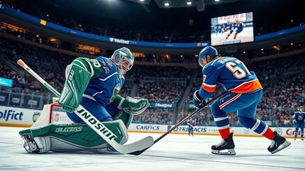 Vancouver Canucks goalie blocks shot in action-packed hockey game.