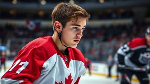 Focused hockey player in Team Canada jersey on ice, Vancouver Canucks context.