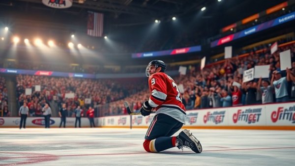 Vancouver Canucks fans cheer as player kneels on ice with signs.