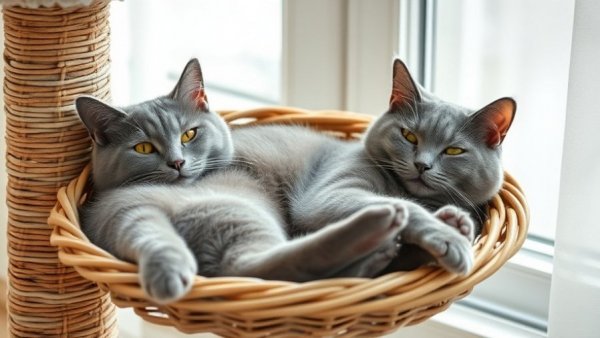 Relaxed gray cat lounging in a basket on a mau cat tree.