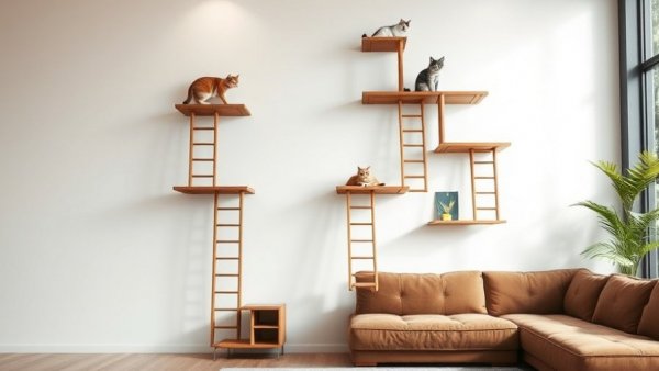Unique cat toys for active felines in a modern living room.